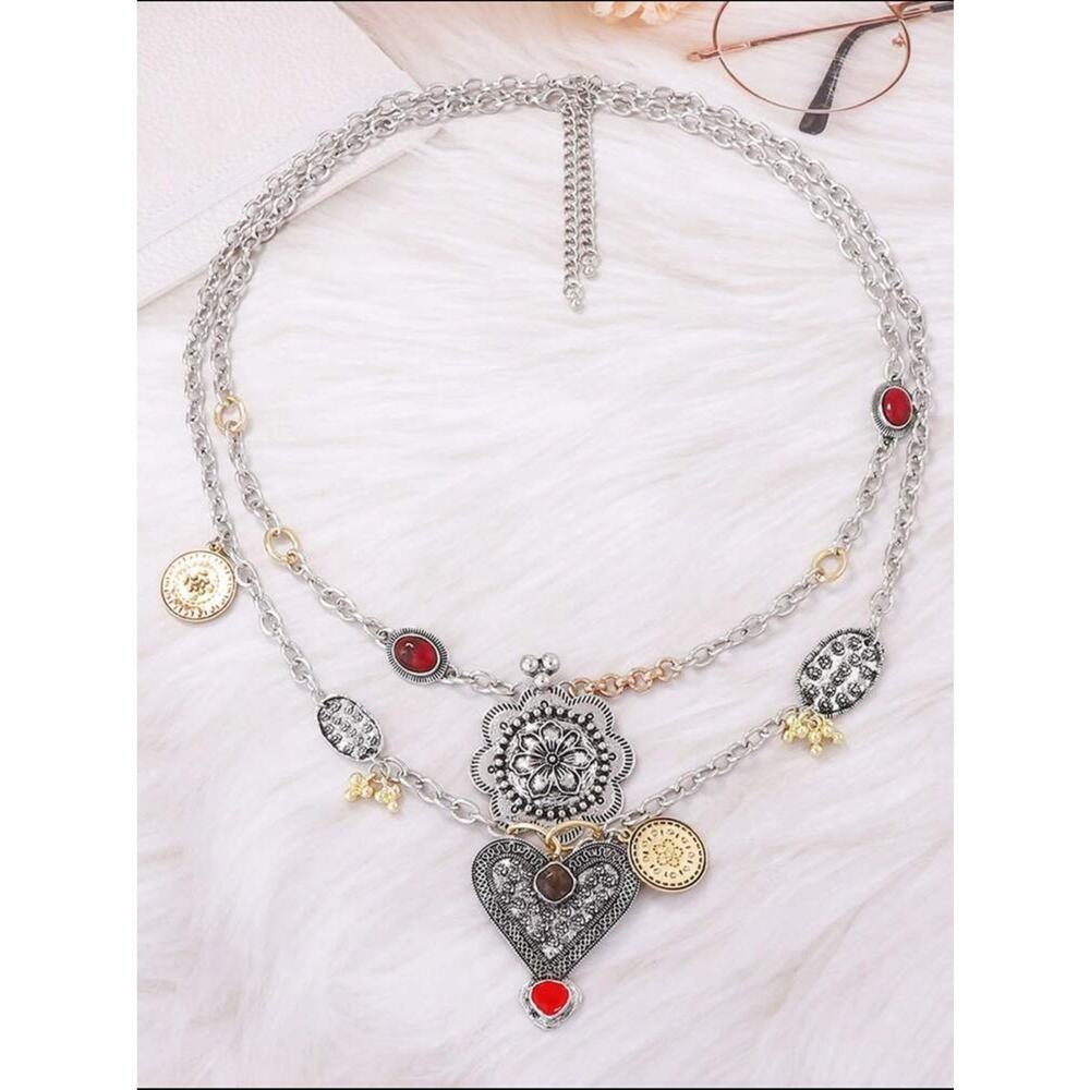 Stainless Steel Vintage Western Heart Statement Necklace Boho Cowgirl Chic - Picture 5 of 9